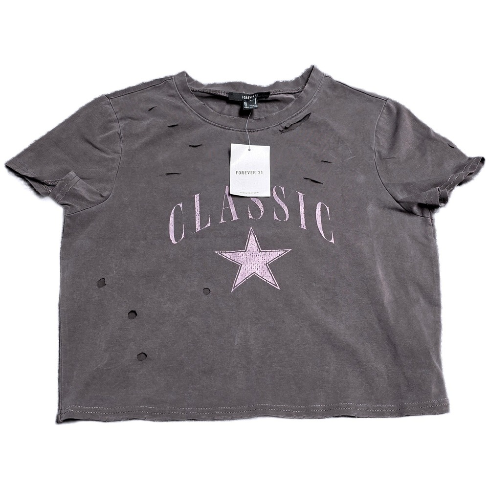 Forever 21 Classic Star Distressed Baby Tee Women's Size Large Charcoal Pink NWT